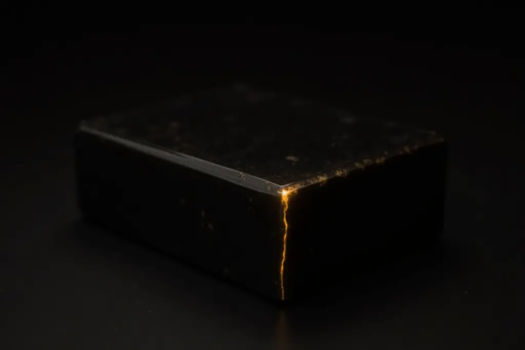Bloc d’obsidienne poli dont une arête biseautée capte un filet de lumière dorée.